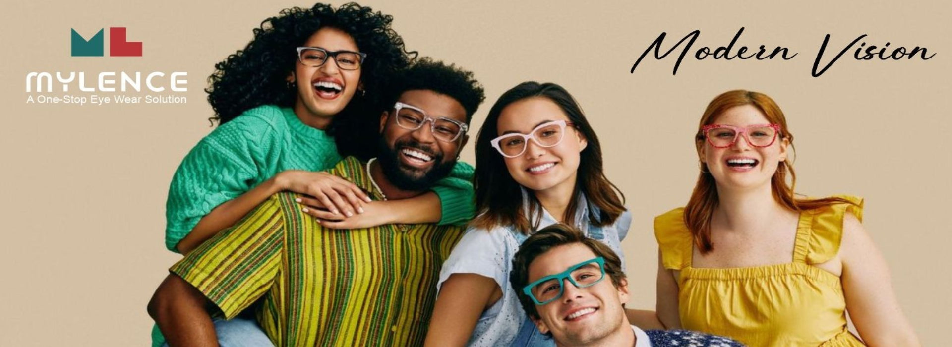 Group of people wearing glasses with Mylence logo and 'Modern Vision' text on a beige background